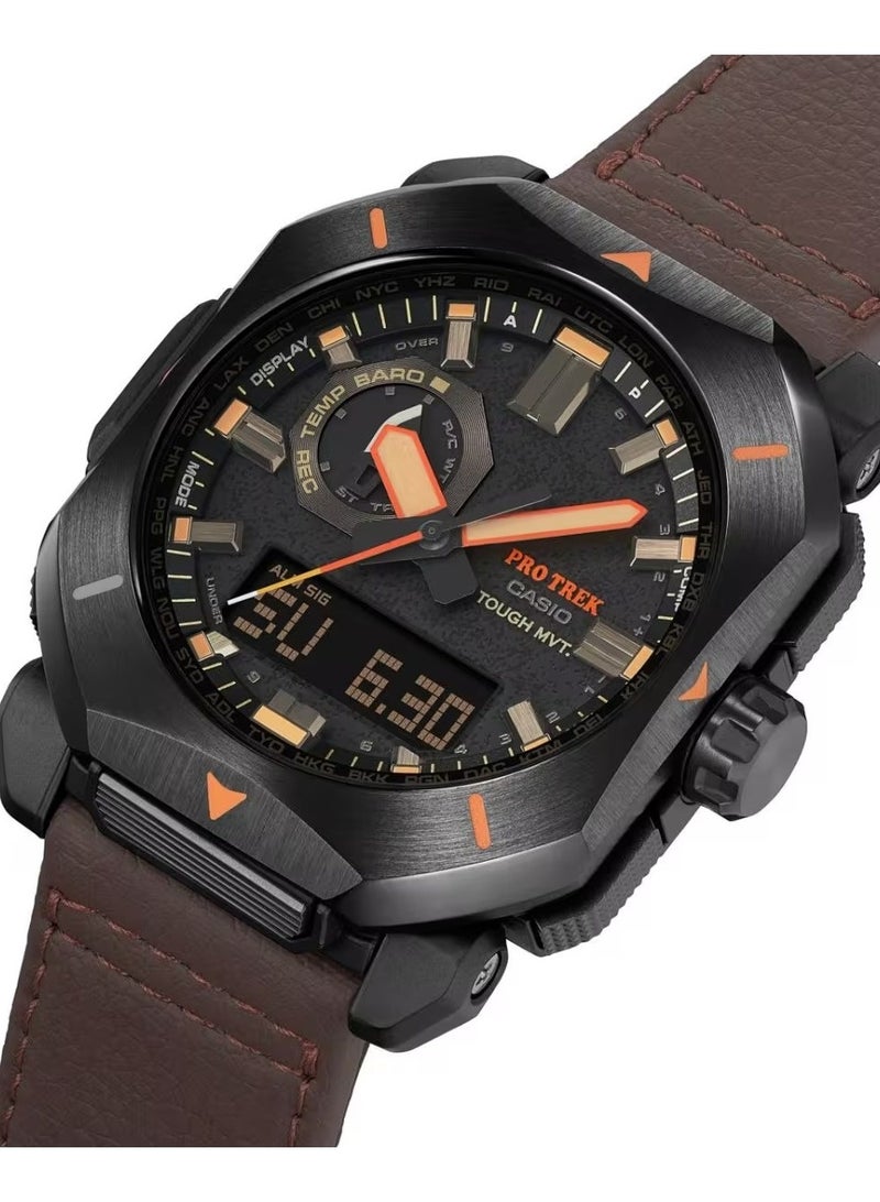 كاسيو Pro Trek Solar Analog‑Digital Men’s Watch PRW‑6900YL‑5PR, 49.6 mm Black Dial, Brown Leather Band, 100 m WR - Image 1